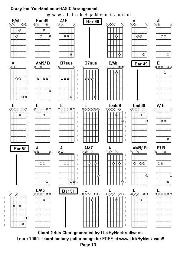 Chord Grids Chart of chord melody fingerstyle guitar song-Crazy For You-Madonna-BASIC Arrangement,generated by LickByNeck software.